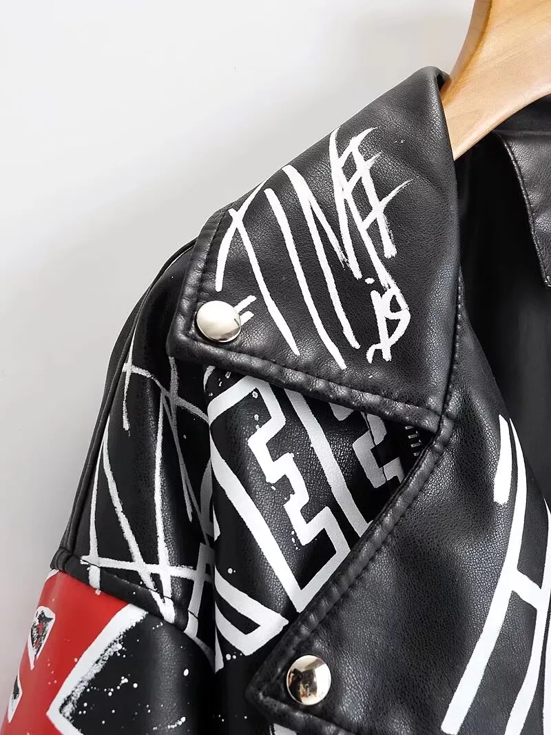 Women Autumn Winter Faux Soft Leather Jackets Coats Lady White Black PU Rivet Zipper Epaulet 3D Print Motorcycle Streetwear