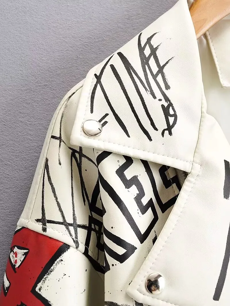 Women Autumn Winter Faux Soft Leather Jackets Coats Lady White Black PU Rivet Zipper Epaulet 3D Print Motorcycle Streetwear