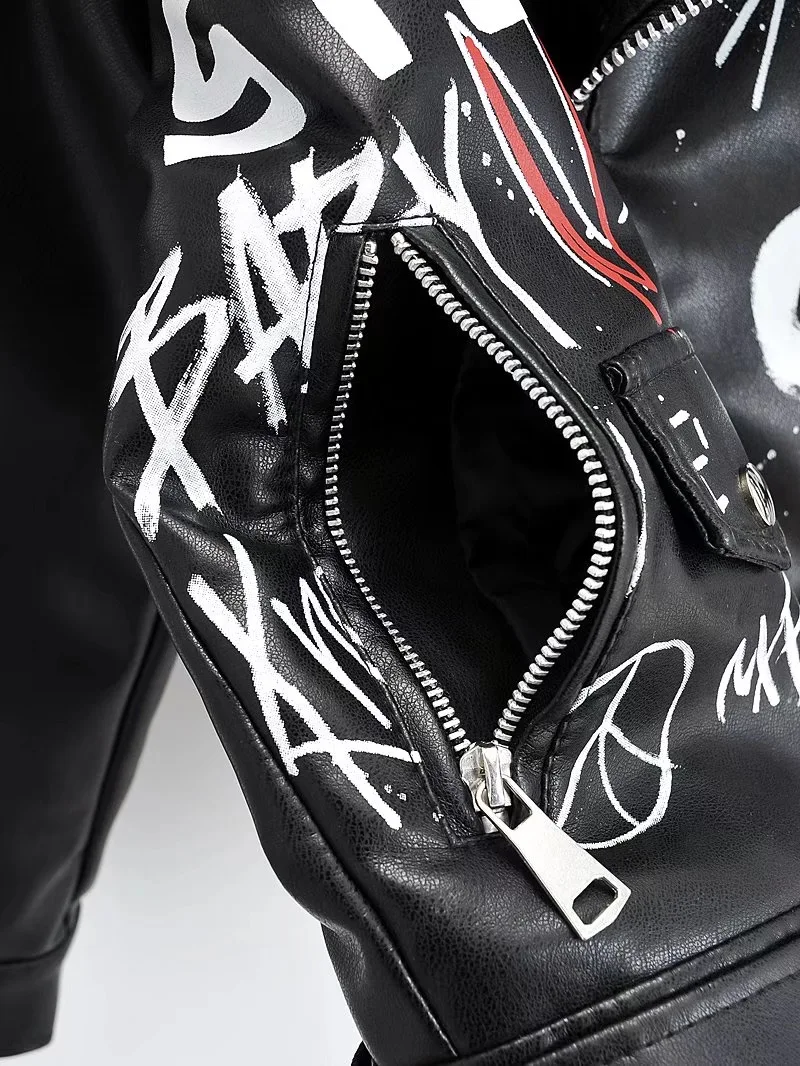 Women Autumn Winter Faux Soft Leather Jackets Coats Lady White Black PU Rivet Zipper Epaulet 3D Print Motorcycle Streetwear