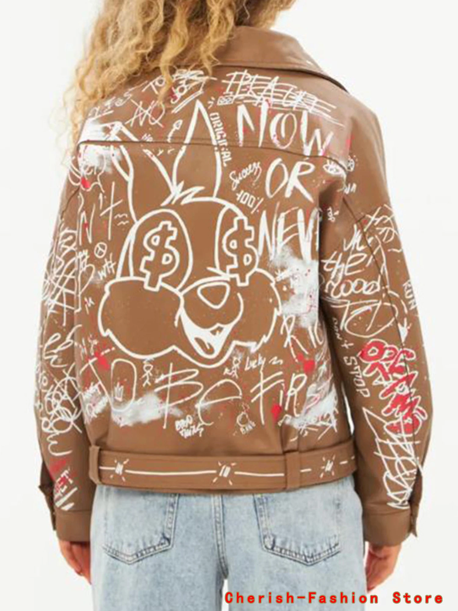 Women Autumn Winter Faux Soft Leather Jackets Coats Lady White Black PU Rivet Zipper Epaulet 3D Print Motorcycle Streetwear