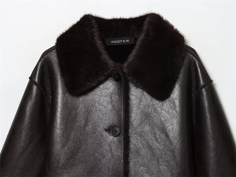 Women's Jacket 2025 Autumn/Winter New Arrivals Dark Brown Long-Sleeve Faux Leather Reversible Jacket Stylish and Unique