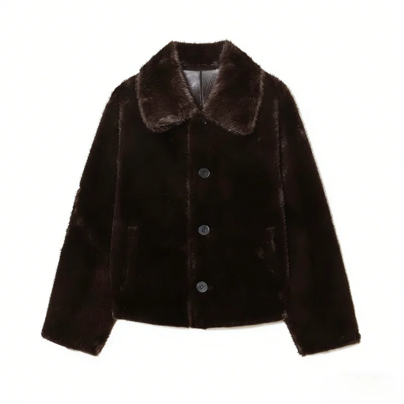 Women's Jacket 2025 Autumn/Winter New Arrivals Dark Brown Long-Sleeve Faux Leather Reversible Jacket Stylish and Unique