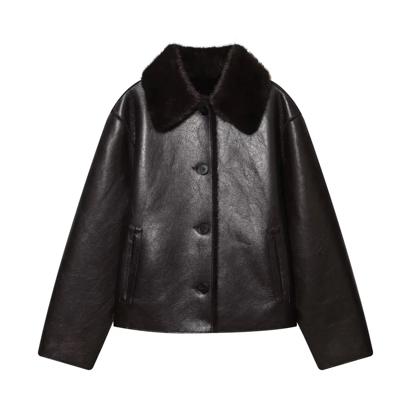 Women's Jacket 2025 Autumn/Winter New Arrivals Dark Brown Long-Sleeve Faux Leather Reversible Jacket Stylish and Unique