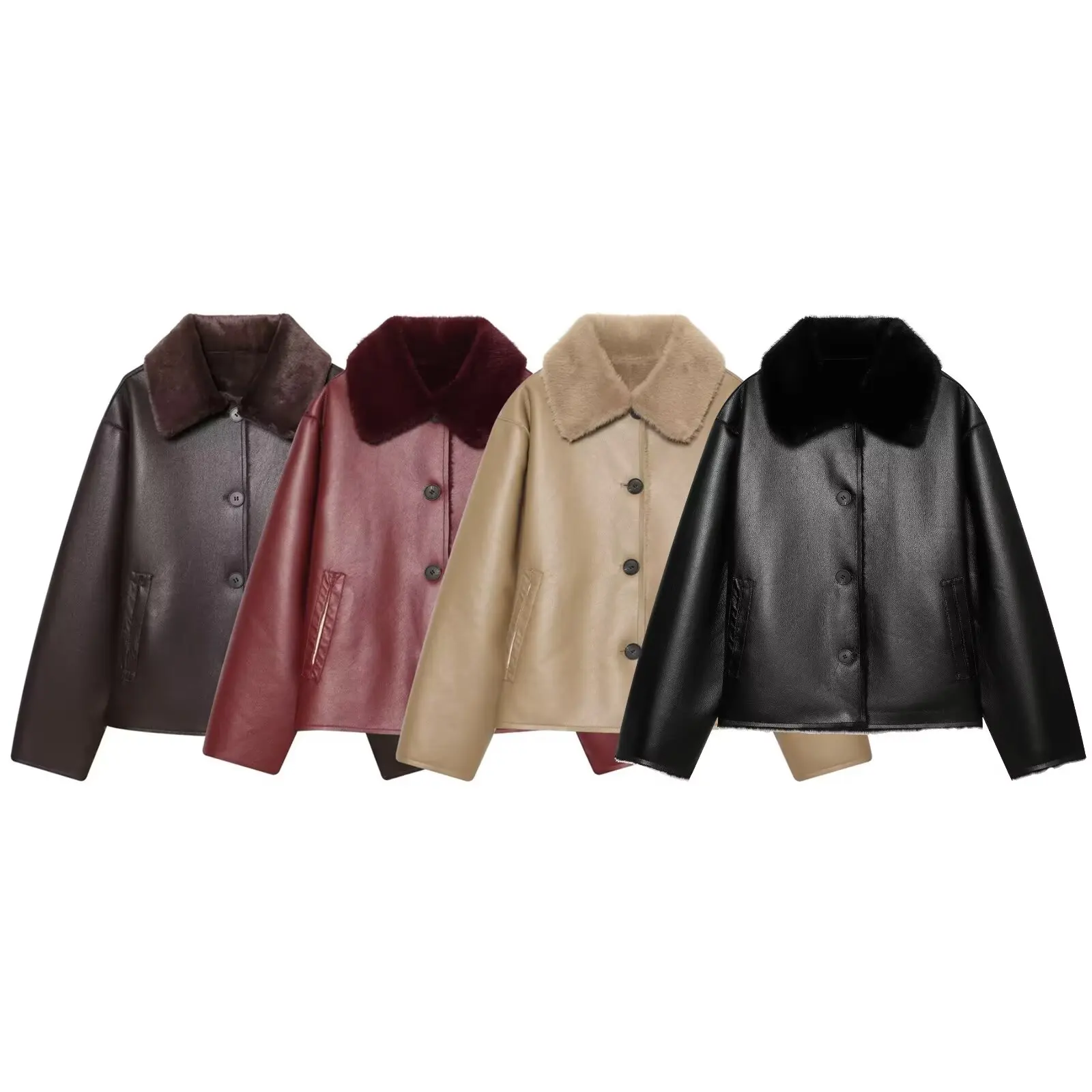 Women's Jacket 2025 Autumn/Winter New Arrivals Dark Brown Long-Sleeve Faux Leather Reversible Jacket Stylish and Unique