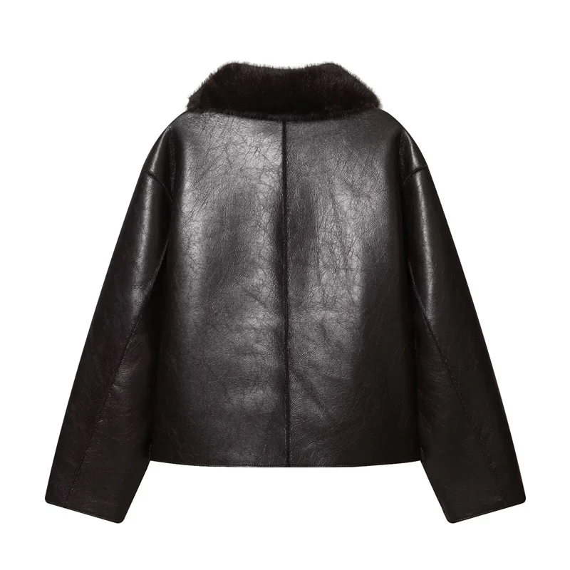 Women's Jacket 2025 Autumn/Winter New Arrivals Dark Brown Long-Sleeve Faux Leather Reversible Jacket Stylish and Unique