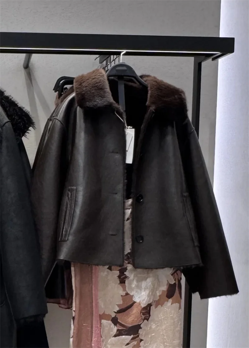 Women's Jacket 2025 Autumn/Winter New Arrivals Dark Brown Long-Sleeve Faux Leather Reversible Jacket Stylish and Unique