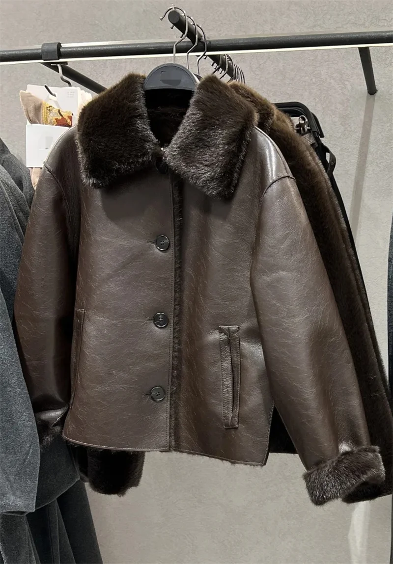 Women's Jacket 2025 Autumn/Winter New Arrivals Dark Brown Long-Sleeve Faux Leather Reversible Jacket Stylish and Unique