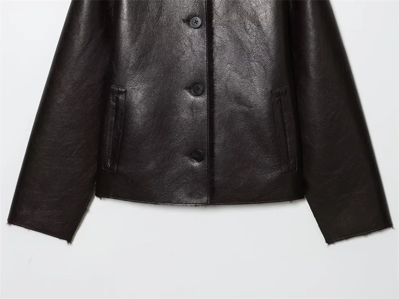 Women's Jacket 2025 Autumn/Winter New Arrivals Dark Brown Long-Sleeve Faux Leather Reversible Jacket Stylish and Unique