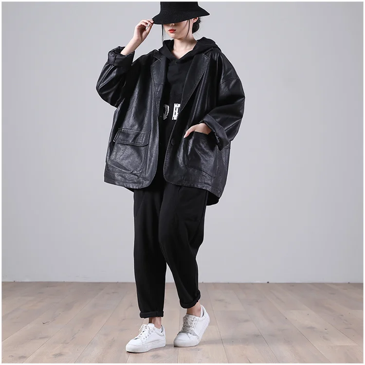 Amax luluE 2025 Autumn England Designer Womens Black Faux Leather Jackets Loose Casual Biker Coat Females Harajuku Pu Streetwear