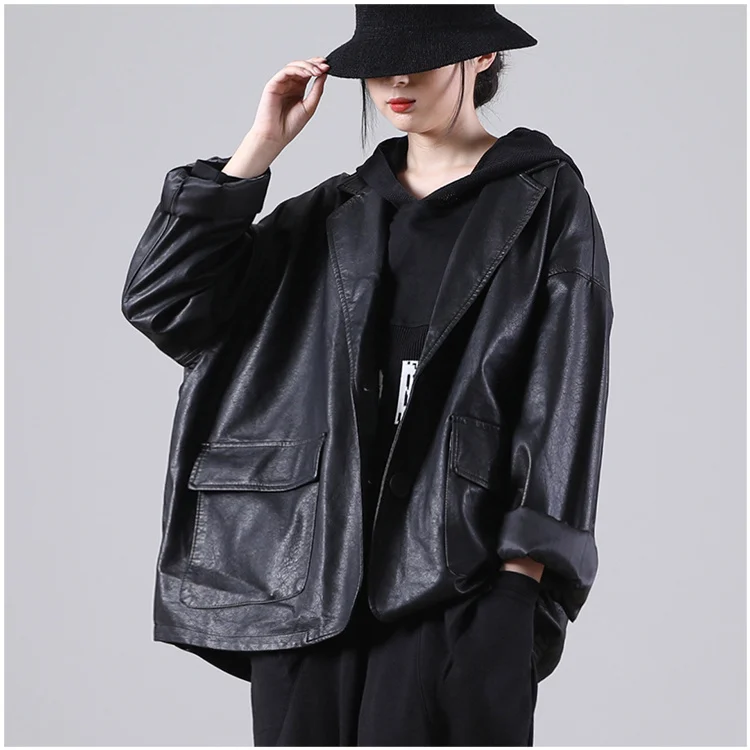 Amax luluE 2025 Autumn England Designer Womens Black Faux Leather Jackets Loose Casual Biker Coat Females Harajuku Pu Streetwear