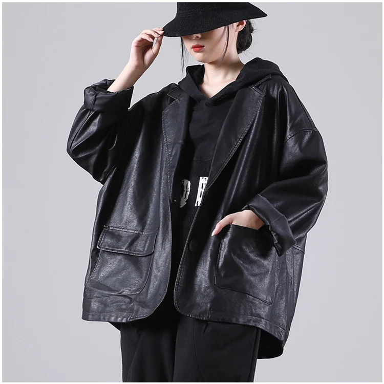 Amax luluE 2025 Autumn England Designer Womens Black Faux Leather Jackets Loose Casual Biker Coat Females Harajuku Pu Streetwear