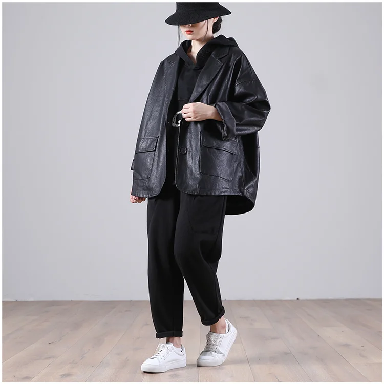 Amax luluE 2025 Autumn England Designer Womens Black Faux Leather Jackets Loose Casual Biker Coat Females Harajuku Pu Streetwear