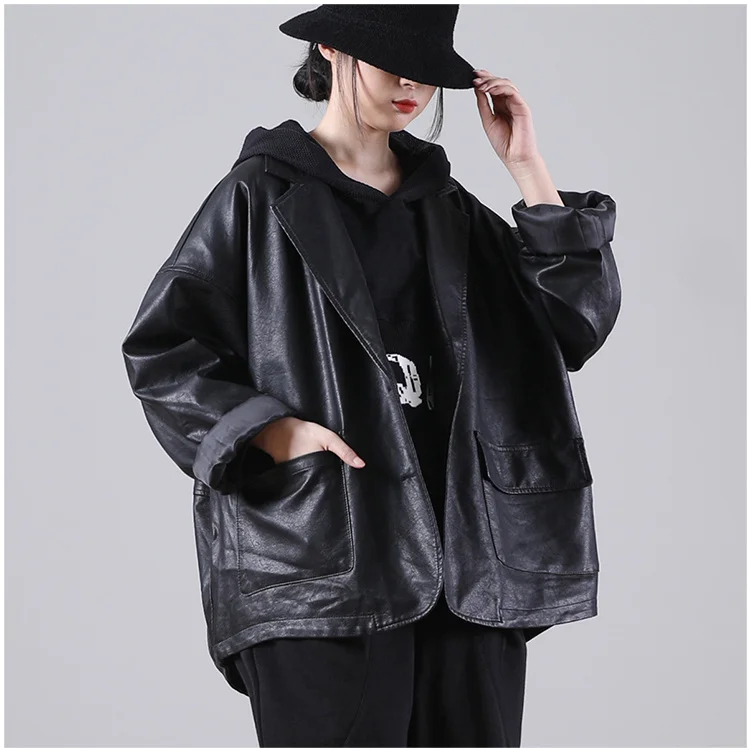 Amax luluE 2025 Autumn England Designer Womens Black Faux Leather Jackets Loose Casual Biker Coat Females Harajuku Pu Streetwear