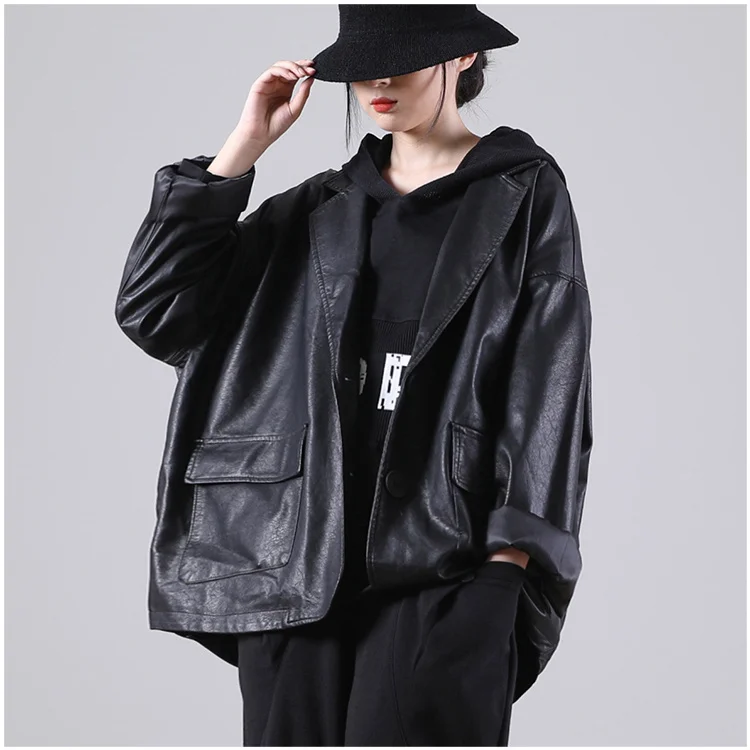 Amax luluE 2025 Autumn England Designer Womens Black Faux Leather Jackets Loose Casual Biker Coat Females Harajuku Pu Streetwear