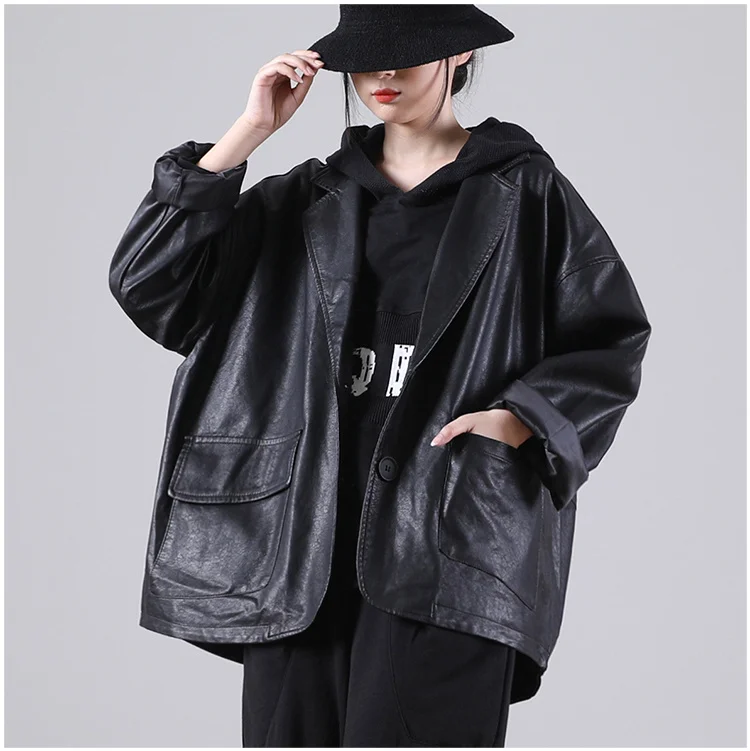 Amax luluE 2025 Autumn England Designer Womens Black Faux Leather Jackets Loose Casual Biker Coat Females Harajuku Pu Streetwear