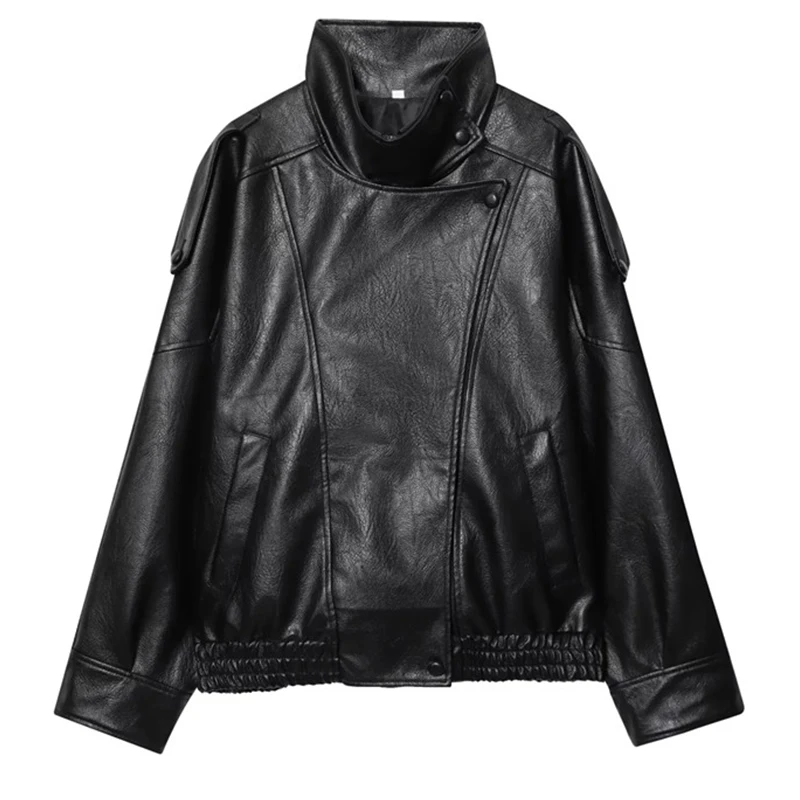 HXAO Black Jacket Women's Coat Faux Leather Jacket Outerwears Demi-Season Bomber Moto Biker Zipper Jacket High Neck Short Coat