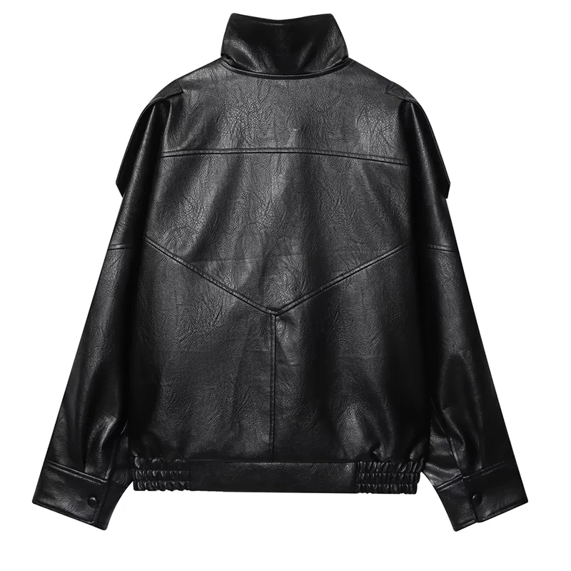 HXAO Black Jacket Women's Coat Faux Leather Jacket Outerwears Demi-Season Bomber Moto Biker Zipper Jacket High Neck Short Coat