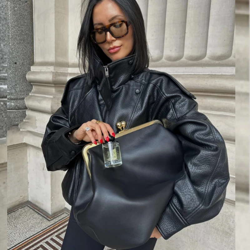 HXAO Black Jacket Women's Coat Faux Leather Jacket Outerwears Demi-Season Bomber Moto Biker Zipper Jacket High Neck Short Coat