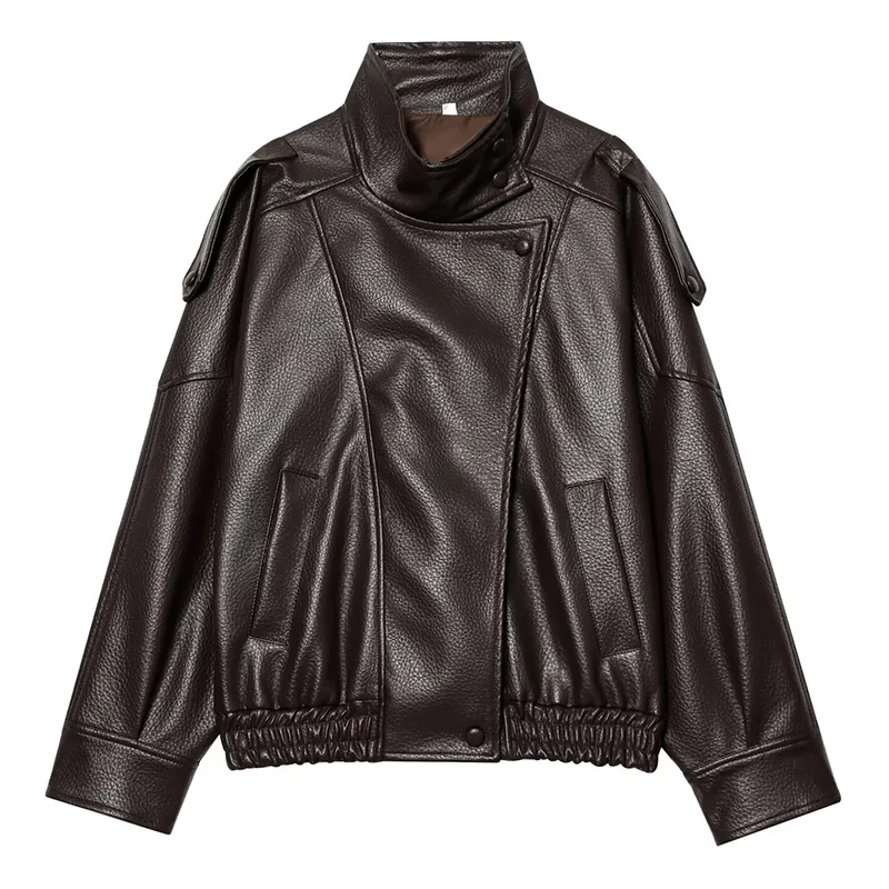 HXAO Black Jacket Women's Coat Faux Leather Jacket Outerwears Demi-Season Bomber Moto Biker Zipper Jacket High Neck Short Coat
