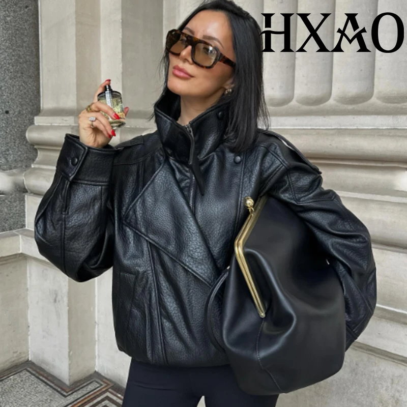 HXAO Black Jacket Women's Coat Faux Leather Jacket Outerwears Demi-Season Bomber Moto Biker Zipper Jacket High Neck Short Coat