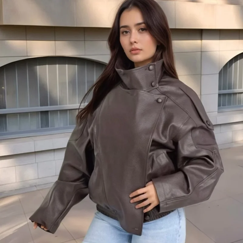 HXAO Black Jacket Women's Coat Faux Leather Jacket Outerwears Demi-Season Bomber Moto Biker Zipper Jacket High Neck Short Coat