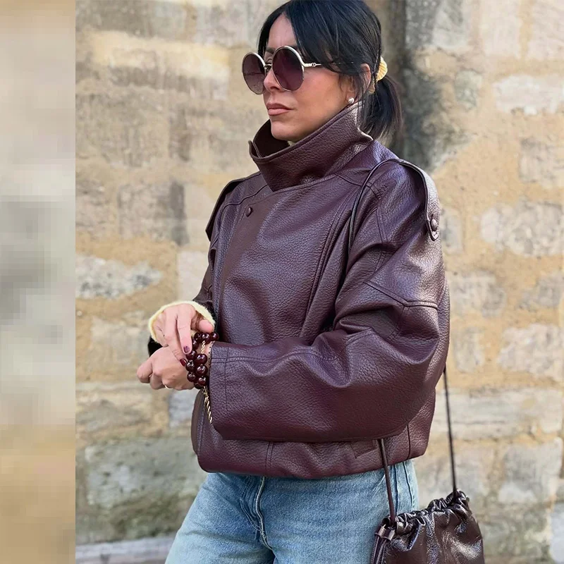HXAO Black Jacket Women's Coat Faux Leather Jacket Outerwears Demi-Season Bomber Moto Biker Zipper Jacket High Neck Short Coat