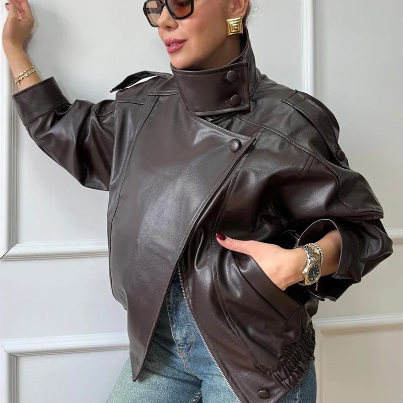 HXAO Black Jacket Women's Coat Faux Leather Jacket Outerwears Demi-Season Bomber Moto Biker Zipper Jacket High Neck Short Coat