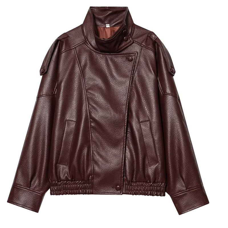 HXAO Black Jacket Women's Coat Faux Leather Jacket Outerwears Demi-Season Bomber Moto Biker Zipper Jacket High Neck Short Coat