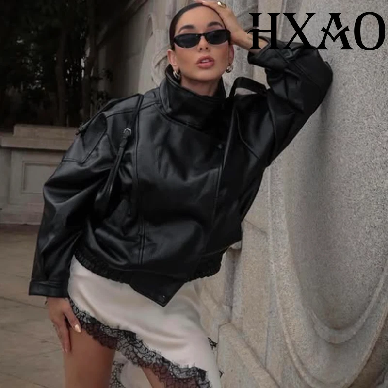 HXAO Black Jacket Women's Coat Faux Leather Jacket Outerwears Demi-Season Bomber Moto Biker Zipper Jacket High Neck Short Coat