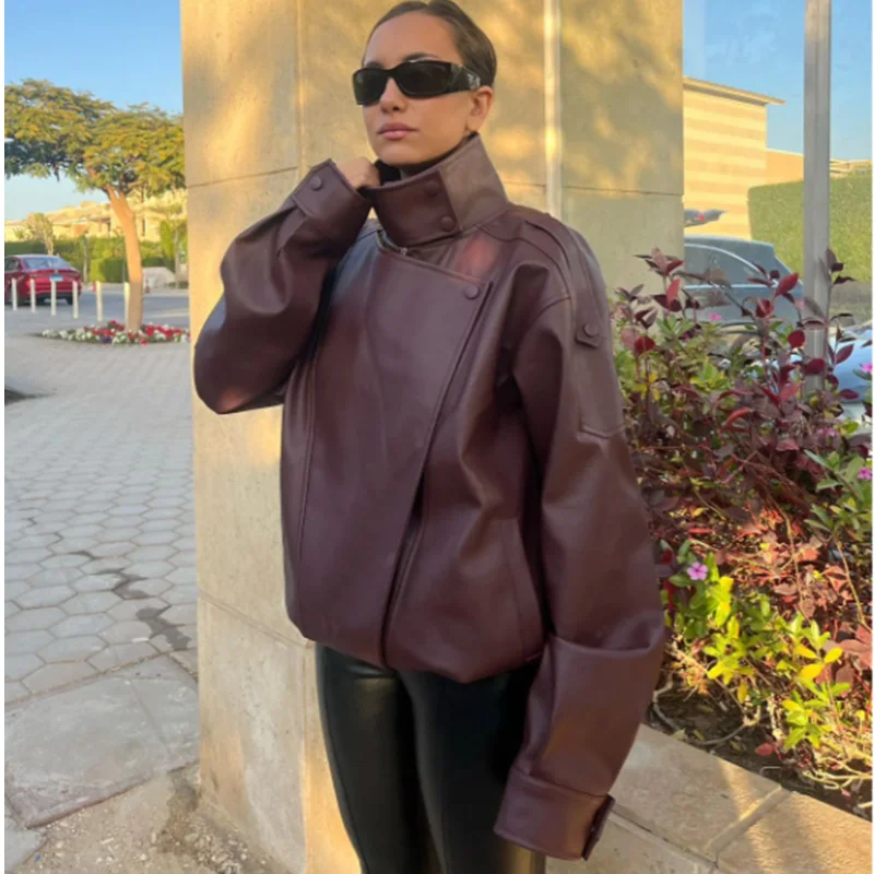 HXAO Black Jacket Women's Coat Faux Leather Jacket Outerwears Demi-Season Bomber Moto Biker Zipper Jacket High Neck Short Coat