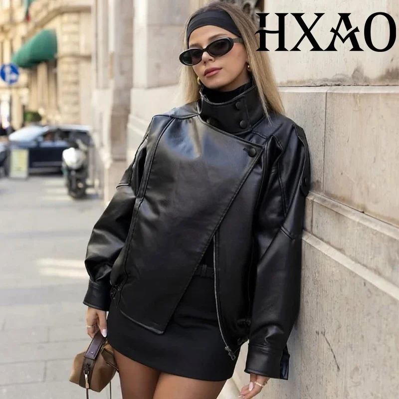 HXAO Black Jacket Women's Coat Faux Leather Jacket Outerwears Demi-Season Bomber Moto Biker Zipper Jacket High Neck Short Coat