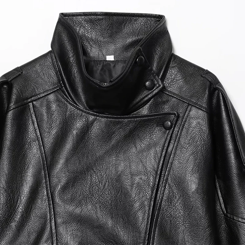 HXAO Black Jacket Women's Coat Faux Leather Jacket Outerwears Demi-Season Bomber Moto Biker Zipper Jacket High Neck Short Coat