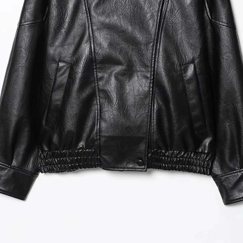 HXAO Black Jacket Women's Coat Faux Leather Jacket Outerwears Demi-Season Bomber Moto Biker Zipper Jacket High Neck Short Coat