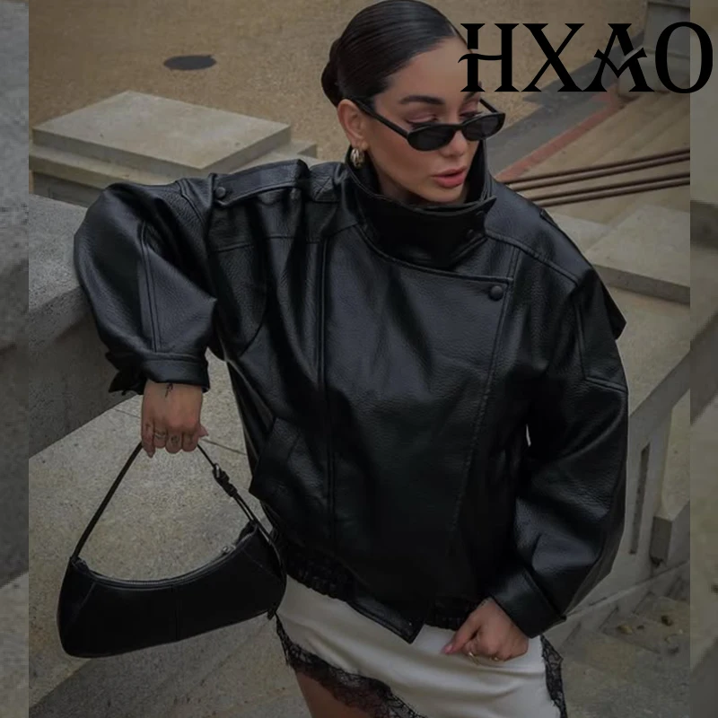 HXAO Black Jacket Women's Coat Faux Leather Jacket Outerwears Demi-Season Bomber Moto Biker Zipper Jacket High Neck Short Coat