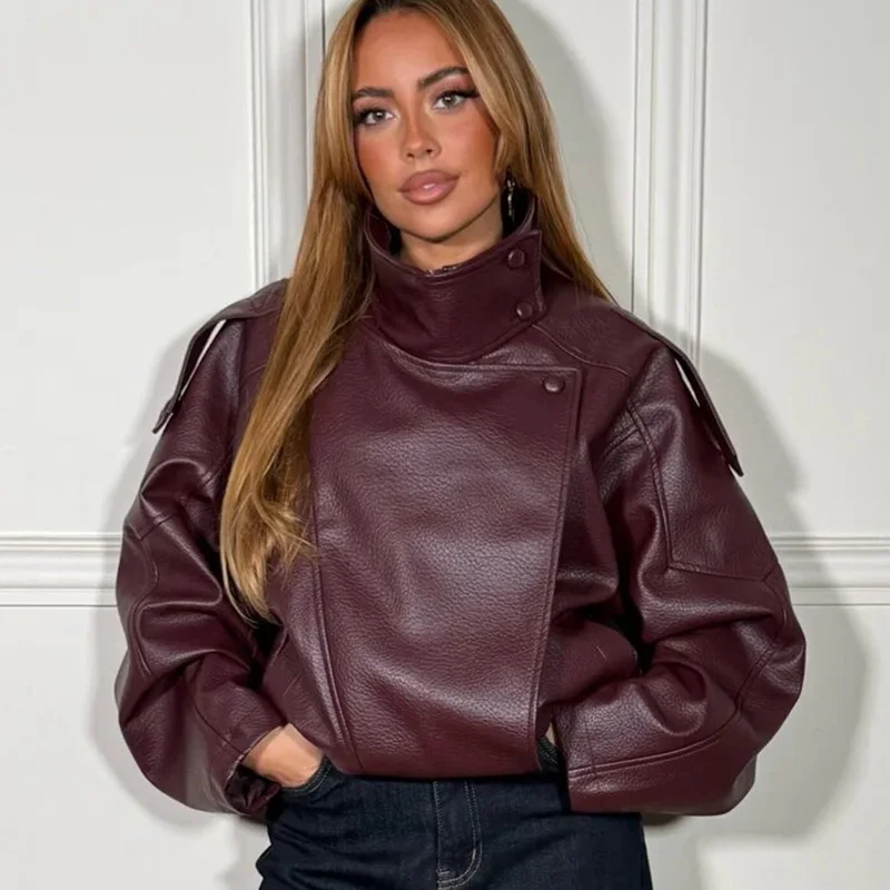 HXAO Black Jacket Women's Coat Faux Leather Jacket Outerwears Demi-Season Bomber Moto Biker Zipper Jacket High Neck Short Coat