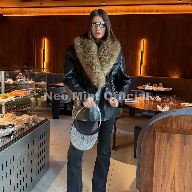Neo Mint Luxury Brand Fashion Design Black Long Faux Leather Coat Women Detachable Fur Collar Oversized PU Leather Jacket Blazer