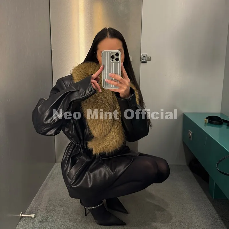 Neo Mint Luxury Brand Fashion Design Black Long Faux Leather Coat Women Detachable Fur Collar Oversized PU Leather Jacket Blazer