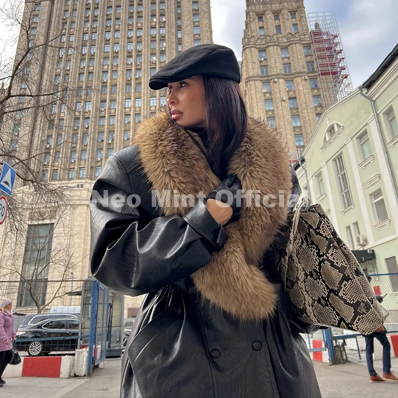 Neo Mint Luxury Brand Fashion Design Black Long Faux Leather Coat Women Detachable Fur Collar Oversized PU Leather Jacket Blazer