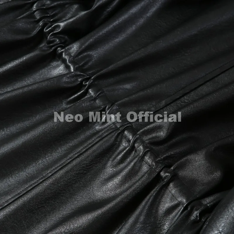 Neo Mint Luxury Brand Fashion Design Black Long Faux Leather Coat Women Detachable Fur Collar Oversized PU Leather Jacket Blazer