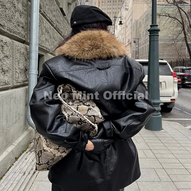 Neo Mint Luxury Brand Fashion Design Black Long Faux Leather Coat Women Detachable Fur Collar Oversized PU Leather Jacket Blazer