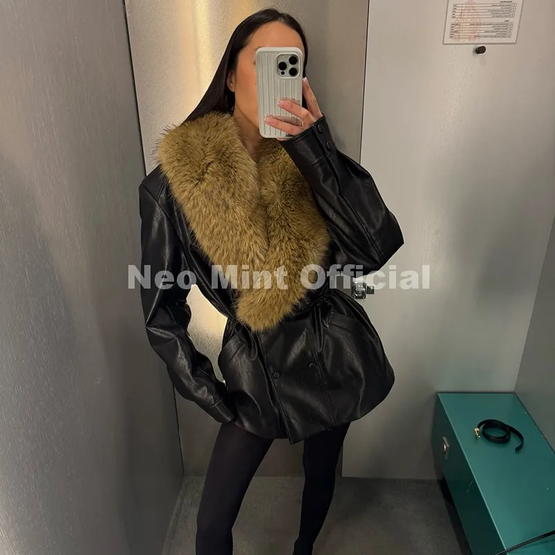 Neo Mint Luxury Brand Fashion Design Black Long Faux Leather Coat Women Detachable Fur Collar Oversized PU Leather Jacket Blazer