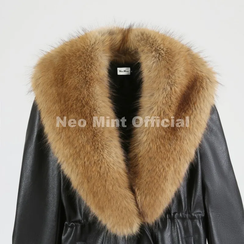 Neo Mint Luxury Brand Fashion Design Black Long Faux Leather Coat Women Detachable Fur Collar Oversized PU Leather Jacket Blazer