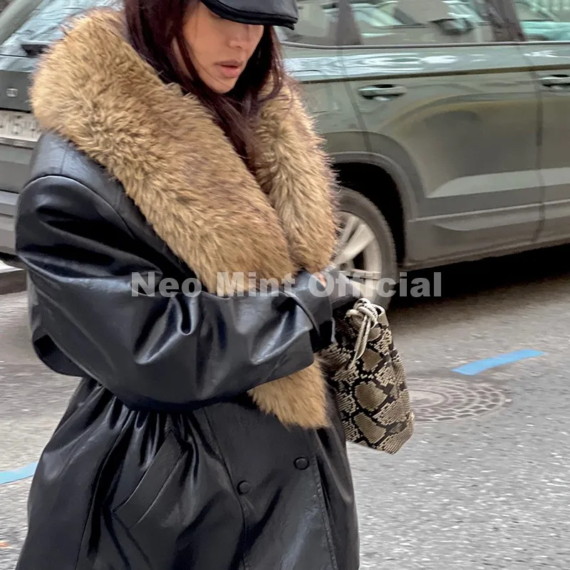 Neo Mint Luxury Brand Fashion Design Black Long Faux Leather Coat Women Detachable Fur Collar Oversized PU Leather Jacket Blazer