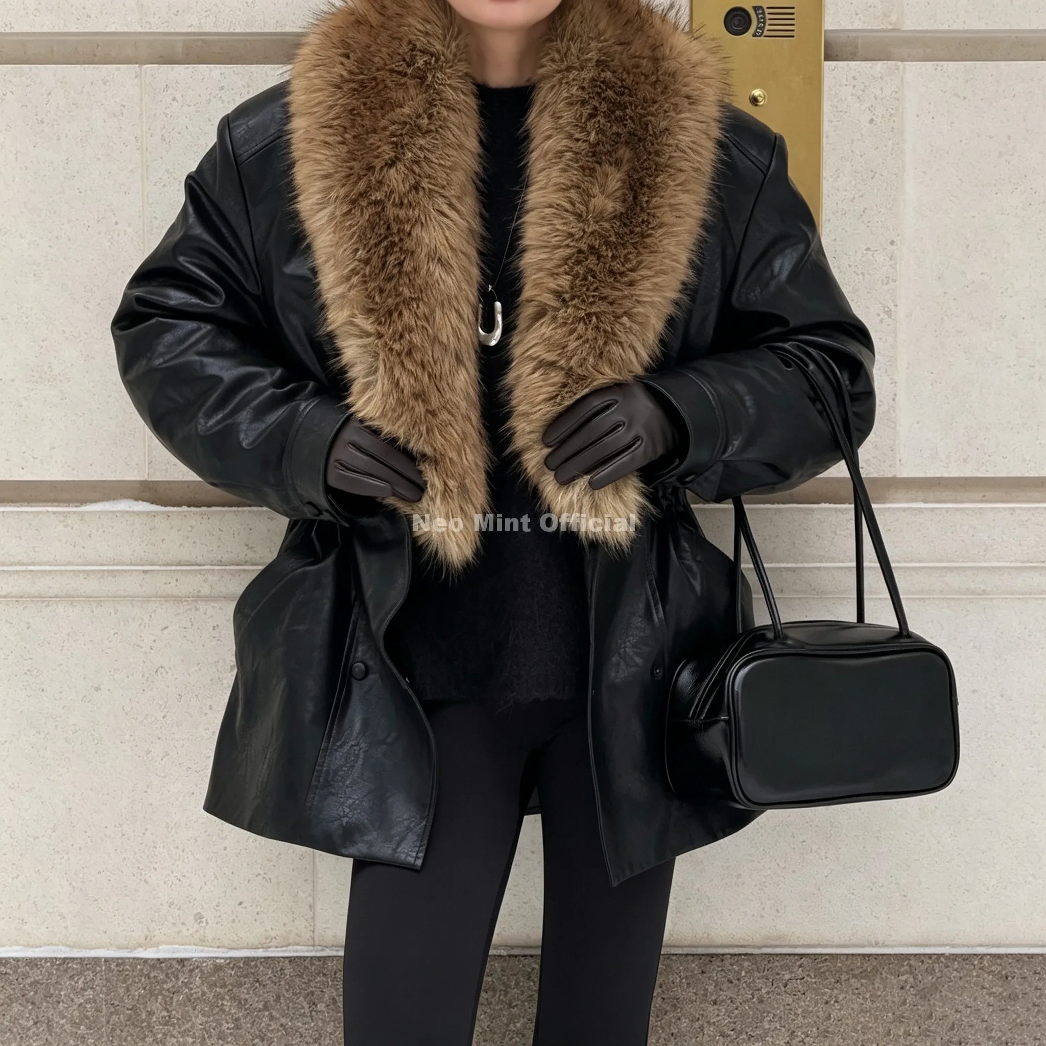 Neo Mint Luxury Brand Fashion Design Black Long Faux Leather Coat Women Detachable Fur Collar Oversized PU Leather Jacket Blazer