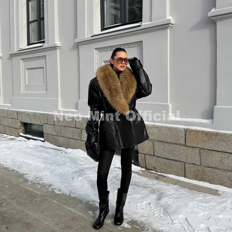Neo Mint Luxury Brand Fashion Design Black Long Faux Leather Coat Women Detachable Fur Collar Oversized PU Leather Jacket Blazer