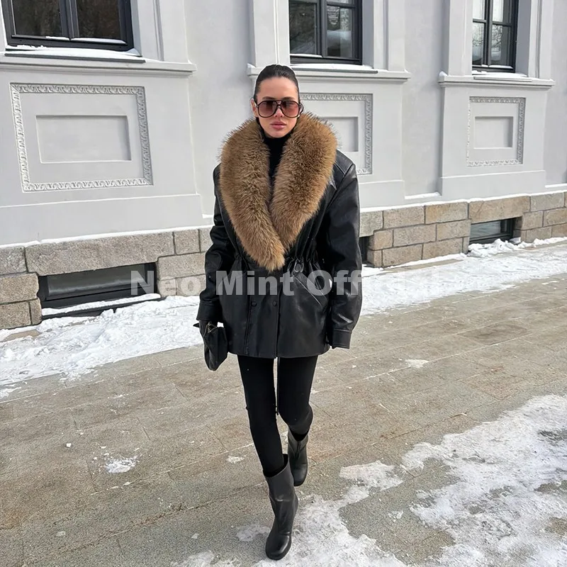 Neo Mint Luxury Brand Fashion Design Black Long Faux Leather Coat Women Detachable Fur Collar Oversized PU Leather Jacket Blazer
