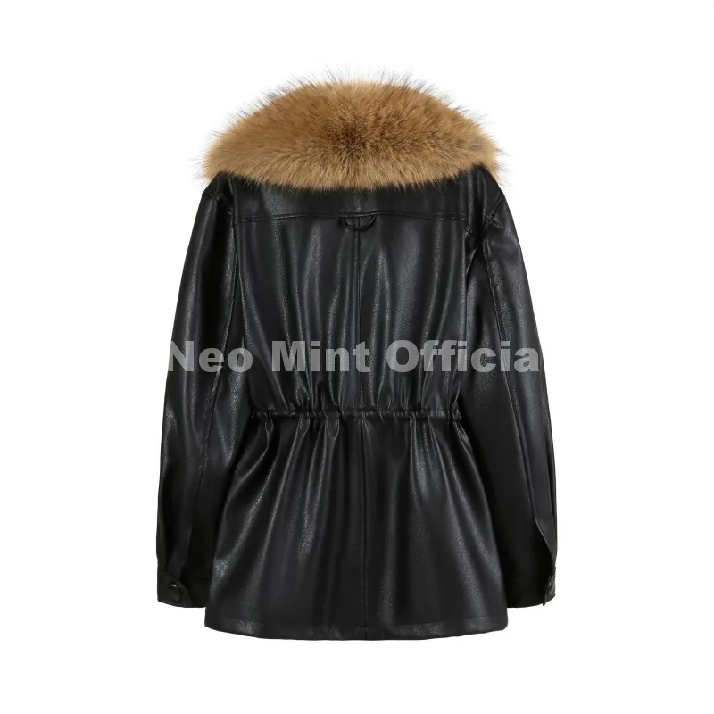 Neo Mint Luxury Brand Fashion Design Black Long Faux Leather Coat Women Detachable Fur Collar Oversized PU Leather Jacket Blazer