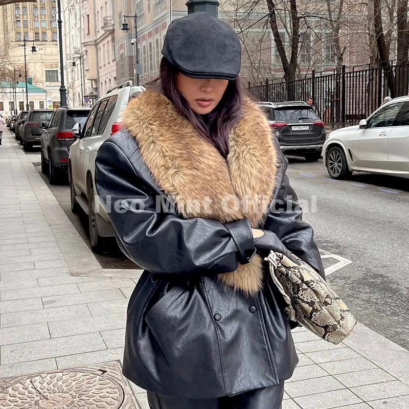 Neo Mint Luxury Brand Fashion Design Black Long Faux Leather Coat Women Detachable Fur Collar Oversized PU Leather Jacket Blazer