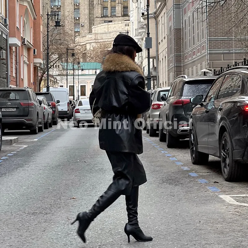 Neo Mint Luxury Brand Fashion Design Black Long Faux Leather Coat Women Detachable Fur Collar Oversized PU Leather Jacket Blazer