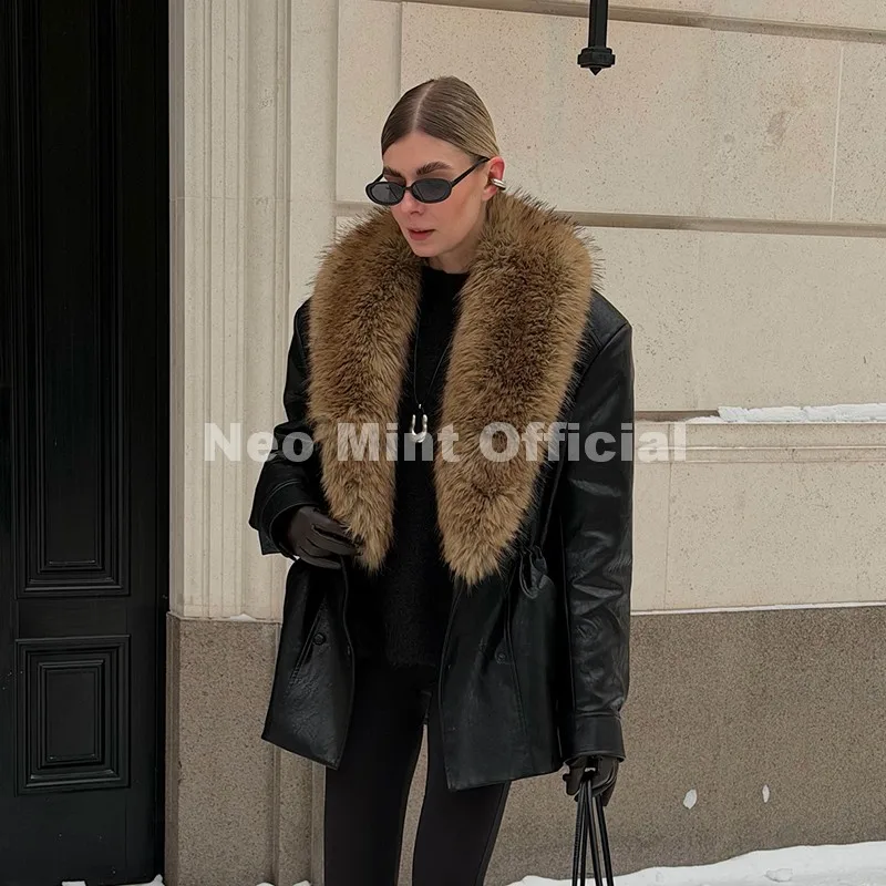 Neo Mint Luxury Brand Fashion Design Black Long Faux Leather Coat Women Detachable Fur Collar Oversized PU Leather Jacket Blazer